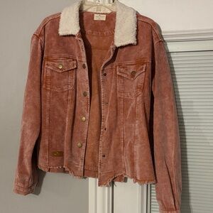 Women's Coral/Orange Corduroy Jacket with Sherpa Collar